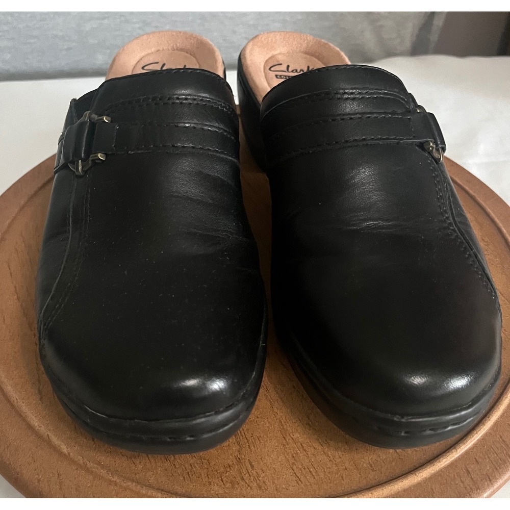 Clarks Collection Black Leather Cushion Soft Mules Clogs Womens 8 M 60614944